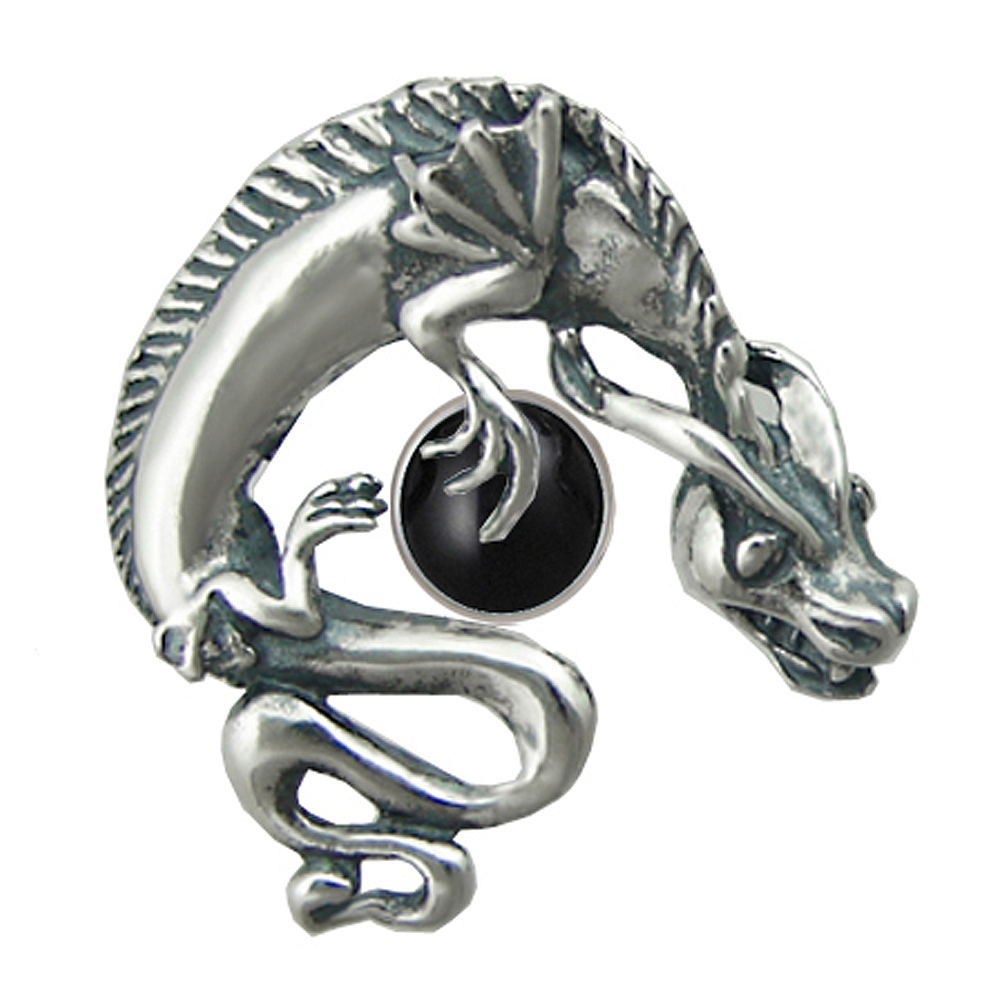 Sterling Silver Playful Dragon Pendant With Black Onyx